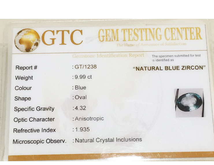 11.25 ratti (9.99 ct) Natural Blue Zircon